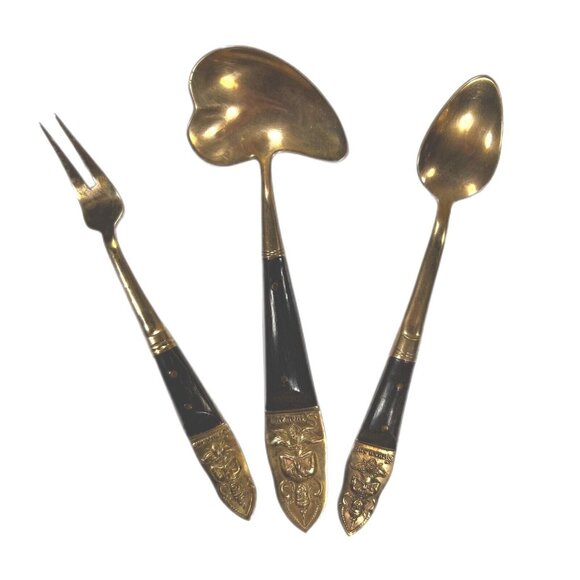 Unbranded Other - VTG LOT of 3 THAILAND SIAM Brass Wood Handle Small Serving pieces oyster spoon